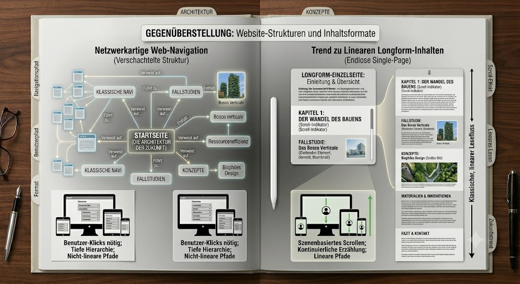 Gegenüberstellung einer klassischen verschachtelten Website-Struktur und einer endlosen Longform-Single-Page